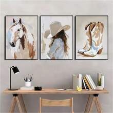 3 PCS Optinal Framed Posters Wall Arts Western Cowgirl & Horse Canvas Art Prints Modern Wall Decor For Living Room, Bedroom, Office - Charming Cowboy