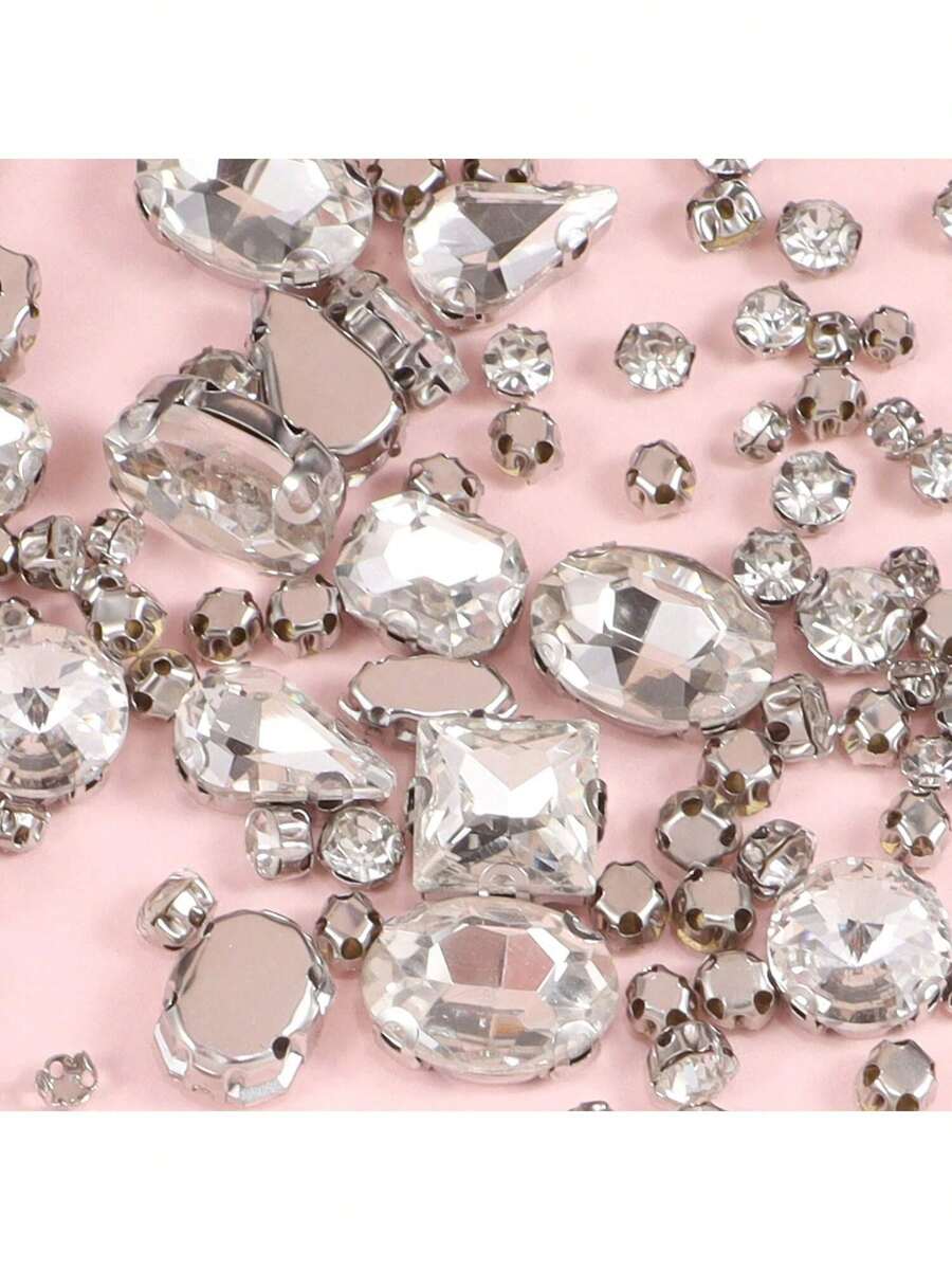 200/400 Mixed Crystal Claw Rhinestones, Glass Hand-Sewn Rhinestones, DIY Clothing Accessories Materials, Sewing Glass Gems Metal Claws, Mixed Shape Sewing Rhinestones - White - View 1