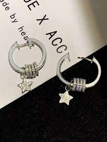 2pcs Fashionable Luxury Copper Micro-Inlaid Zirconia Star Earrings, Elegant Elegant Versatile Jewelry Suitable For Women's Daily Wear - Silver - View 6