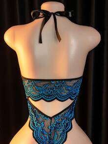 Sexy Lingerie Lace Bodysuit With Blue Embroidery Bow Detail And Open Back Design - Blue - View 5