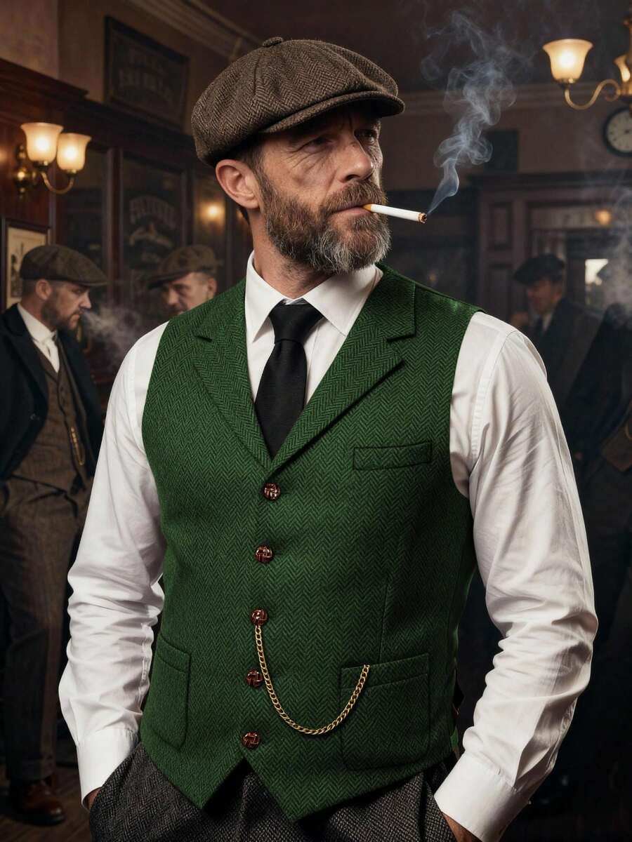 1pcs Men's Vintage Classic Herringbone Pattern Suit Vest V-Neck Casual Wool Blend Waistcoat For Men Business Casual And Formal Wear - màu xanh lá - Xem 1