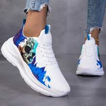New Skull & Lightning Mesh Breathable Casual Sneakers, Unisex Shock-Absorbing Personalized Sports Shoes For Spring/Summer - White - View 3