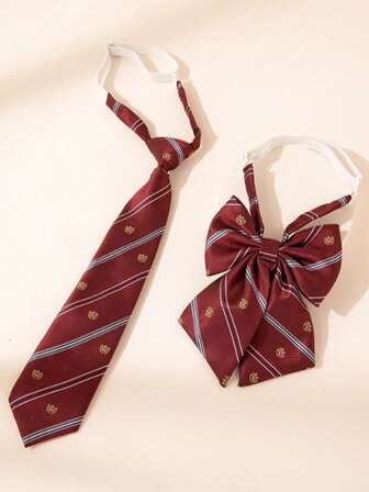 1pc Bow Tie + 1pc Necktie, Academic/Preppy Style
