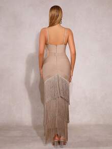 新款时尚性感流苏钻石吊带露背拉链长裙，优雅女士正式晚礼服，婚礼宾客礼服，节日圣诞派对礼服 - 卡其色 - 查看 8