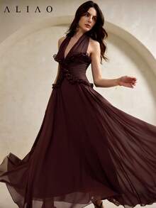 Aliao Elegant Ruffled Hem Spaghetti Strap Maxi Dress, Brown, Suitable For Wedding, Formal Party, Outing Summer - Dark Brown - View 3