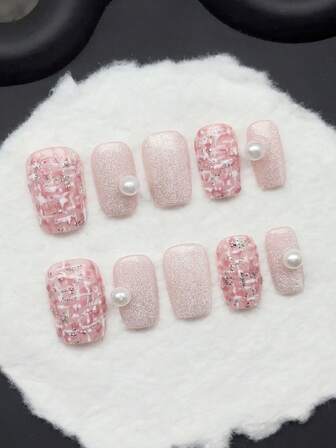 10片/套 手工亚克力按压式美甲贴片，短方形美甲，珍珠装饰美甲，猫眼假指甲，Y2K美甲，适合秋冬季节，按压式短指甲，粉色美甲，可爱美甲，可卸假指甲，美甲用品，适合派对、舞蹈、日常佩戴、学生派对、角色扮演，可重复使用，附赠果冻胶和指甲锉，DIY美甲用品