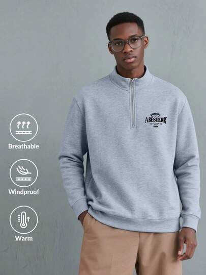 Men's Casual Loose Minimalist Printed Half-Zip Stand Collar Pullover Pullover Sweatshirt, Street Style, Autumn/Winter