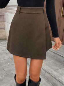 女士休闲纯色裹身短裤，通勤风格，不对称叠层设计 - 学院风，70年代复古风，舒适休闲，通勤必备，复古魅力，适合学校、教学、办公等各种场合，适合春、夏、秋季穿着。 - 棕色 - 查看 7