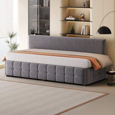 Sofá-cama estofado de 90 x 200 cm, com arrumação hidráulica, encosto sem braços, decorado com um padrão xadrez clássico e elegante na parte inferior. Cama de solteiro multifuncional em veludo cinza escuro.