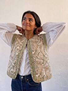 GMFP Women's Casual Elegant Fashion Printed Quilted Sleeveless Cardigan Vest, Vacation Style, Suitable For New Year/Valentine's Day - Green - View 4