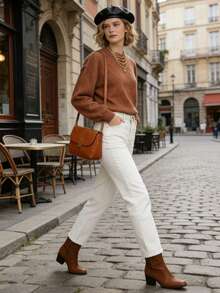 Women's Solid Color Casual Knit Ribbed Sweater, Autumn/Winter - Brown - View 5