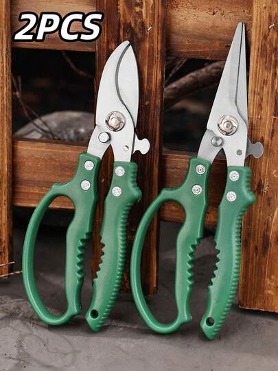 2pcs Stainless Steel Gardening Pruning Shears - Straight & Elbow Design For Fruit Picking, Tree & Flower Trimming, Rustresistant Blades, Hand Pruners, Professional Landscapers, Orchard Workers