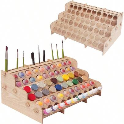Large Wooden 6-Tiers 60 Bottles' Capacity Paint Organizer And Brush Rack For Acrylic Oil Craft Hobby Mini Model - Painting Station For Artists Horizontal