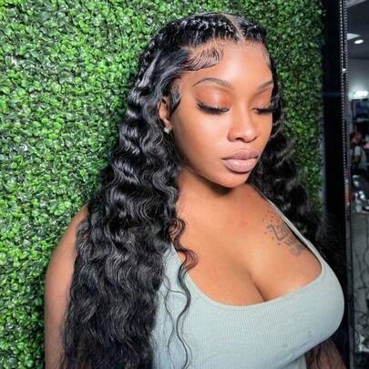 OQ 预漂白发丝 180% 18-26英寸 无需胶水即可佩戴 水波纹假发 预编9x6透明蕾丝前假发 迷你结真人发假发 预拔毛蕾丝前假发 自然发际线 高品质时尚假发