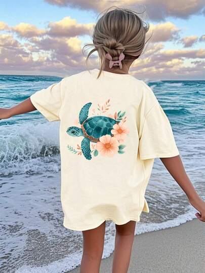 Áo thun in hình đồ họa tối giản, phong cách thường ngày dành cho bé gái tuổi teen với dòng chữ "Ocean Calling Me", thích hợp cho trẻ em mặc vào mùa hè.