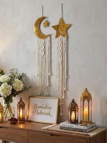 1 pezzo/2 pezzi Appendiabiti da parete intrecciato a forma di luna e stelle, decorazione da parete in macramè bohémien con lunghi nappine, elegante opera d'arte da parete per la casa, sfondo per feste e festival, creatore di atmosfera zen, pendente da parete per camera da letto, soggiorno e ingresso in stile fattoria, decorazione per vacanze, regalo di arredamento per la casa - Multicolore - Visualizzare 5