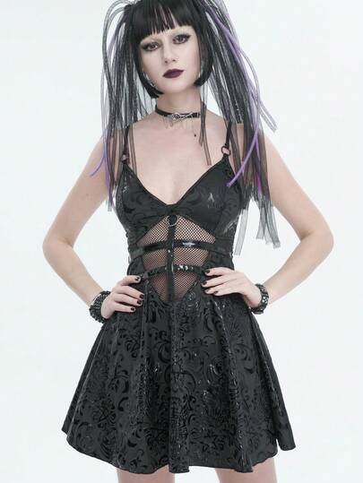 Devil fashion Gothic Dress With Patterned Mesh Trim, V-Neck, Spaghetti Straps
