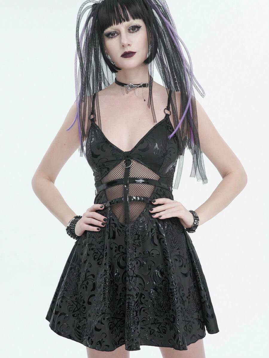 Devil fashion Vestido gótico con ribete de malla con estampado, escote en V, tirantes de espagueti - Negro - Ver 1