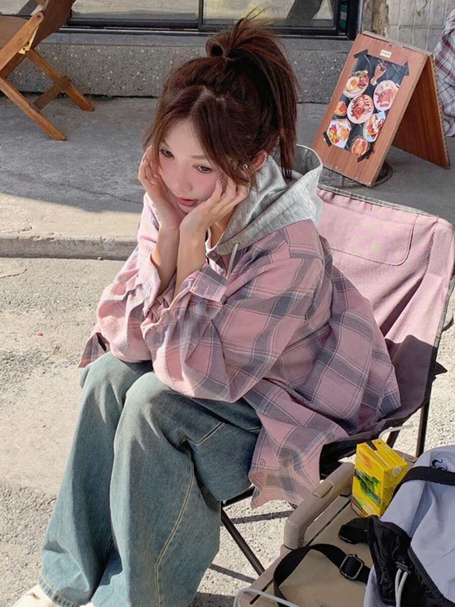 Plaid Random Striped Contrast Color Button Front Pocket Casual Travel Spring Autumn Women Hooded Long Sleeve Shirt Pink - Pink - View 1