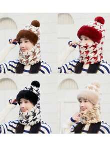 女士冬季帽子围巾套装（1件），2026新款加厚抓绒防风保暖摩托车/电动自行车滑雪面罩帽