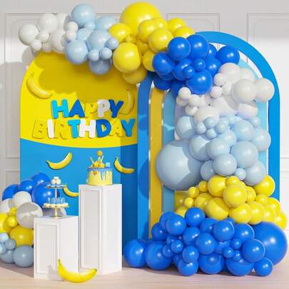 Blue And Yellow Balloon Arch Set, DIY Cartoon Theme Blue Light Blue Yellow White Latex Party Balloons, Suitable For Cartoon Theme Birthday Parties, Gender Reveals, Anniversaries, Graduations, Baby Christenings And Other Party Decorations.
