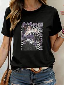 Short Sleeve  Kimetsu No Yaiba Kokushibo T Shirt Anime Character Design Black Crewneck Tee For Women And Men Casual Wear Fashion Top Anime Short Sleeved Shirt Suitable For Partysports And Other Holiday Gifts. - 白色 - 查看 1