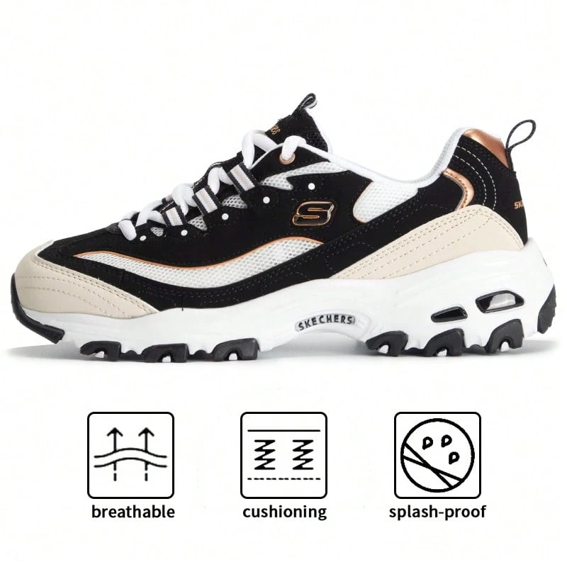 Skechers D'LITES 女士减震复古奶油色熊厚底运动鞋，896204-BKGD - 黑色/金色 - 查看 1