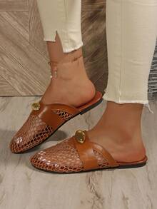 女士镂空网眼平底套脚鞋，舒适亚麻休闲穆勒凉鞋