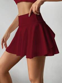 高腰白色网球裙裤，二合一防闪光高尔夫/羽毛球/健身短裙，带口袋，夏季运动裙裤，适合瑜伽、户外跑步，新款女装 - 酒紅色 - 查看 4