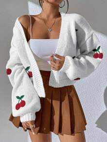 Cárdigan tipo duster de hombros caídos con estampado de cerezas, blusa de manga larga - Blanco - Ver 3