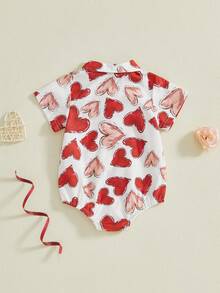 Baby Boy Valentine's Day Romper Short Sleeve Heart Print Bow Tie Button-down Summer Bodysuit - Rosa - Ver 2