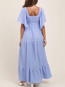 Maternity Solid Color Bohemian Knit Fabric Twist Ruffle Hem Dress, Vacation Wear, Spring/Summer - Sky Blue - View 3