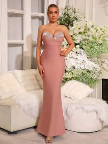 新款女士性感钻石修身连衣裙，绷带连衣裙，婚礼伴娘礼服紧身裹身长裙女士正式宴会节日圣诞派对礼服 - 西瓜粉 - 查看 1