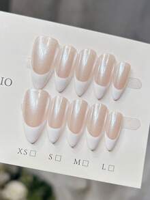 10片手工杏仁形美甲贴片，中号，简约裸粉色美甲，白色法式美甲，铬粉美甲，铬甲，简约优雅手工秋季美甲，秋季贴片美甲，圣诞美甲，Y2K风格节日美甲，派对美甲，日常约会美甲，海滩热带度假美甲适用，DIY假指甲，适合女性和女孩作为礼物美甲用品 - 白色 - 查看 2