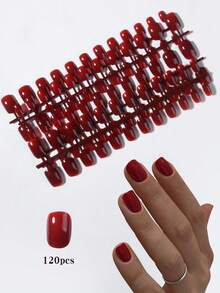 5pcs/Set (120pcs) Y2K Almond, Short Oval, Short Square Burgundy Nail Stickers, Short Acrylic Nail Stickers, Full Coverage False Nails, Includes 1pc Jelly Gel And 1pc Nail File, Suitable For Women And Girls For Daily Life And Parties - Red - View 12