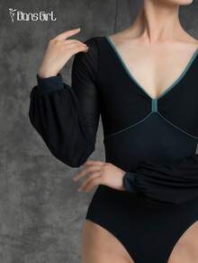 DonsGirl 一件式女式芭蕾紧身衣 - 优雅蝴蝶结领口和灯笼袖 | 非常适合舞蹈表演、体操、滑冰 - 藏蓝色 - 查看 3