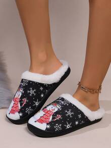 2双装女士雪人可爱布艺毛绒内衬抓绒家居拖鞋，冬季居家必备 - 黑色 - 查看 2