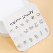 9pcs/Set Fashion Flower Leaf Butterfly Stud Earring Set For Girls Classical Heart Earrings Friendship Jewelry Gifts Party Graduation Gift - Multicolor - View 16