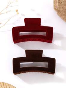 2个方形植绒发圈 - 深咖啡色和亮红色发夹，发爪，发饰 女士爪夹 时尚发夹