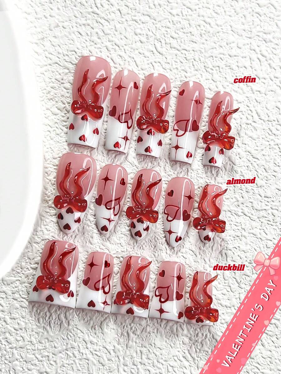 10pcs Romantic Valentine's Day Nail Art Set, French Manicure Stickers, Almond-Shaped Nail Stickers, Square Nails, Duck Mouth Nails, Handpainted Heart False Nails, Ballet Bow Nail Decorations, Red & White Nails, Includes Tool Kit, Suitable For Women & Girls, Daily Photo, Party, Valentine's Day Nail Supplies - Nhiều màu - Xem 1
