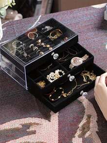 TONVIC 1pc 3-Compartment 5-Layer Velvet Jewelry Storage Box, Necklace Earring Ring Jewelry Organizer, Large Capacity Portable Bathroom Storage Box, Desktop Storage Drawer, Stackable 3-Layer Acrylic Velvet Jewelry Box - Multicolor - View 9