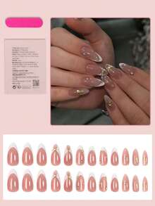24片中号杏仁形美甲贴纸，白色法式尖头设计，饰有闪亮水钻和珍珠，简约亮泽，全覆盖，适合女性和女孩日常佩戴、约会、派对等场合。美甲用品 - 彩色 - 查看 2