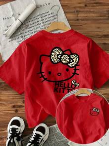 "Genuine Authorization" Girls Retro Simple Heltty Double-Sided Printed Flowers Sanrio One-Piece Casual Short-Sleeved Elegant Summer And Autumn Tops, Fashion Cute T-Shirts Retro Loose Sports Girls Joker Holiday Clothes. - 紅色 - 查看 1