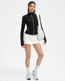 Women Golden Full Zip Up Workout Cropped Jackets Lightweight Athletic Yoga Tops - màu đen - Xem 3