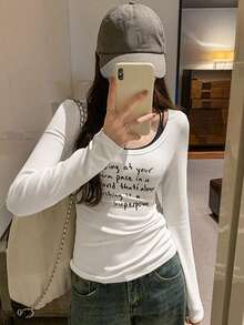 Sexy Girl Letter Print Round Neck Slim Fit Casual T-Shirt For Women, New Style - White - View 3