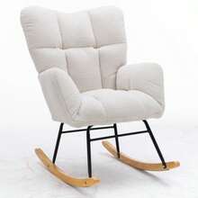 009 Mid Century Modern Rocking Chair In Teddy Fabric With Tufted Cover, Padded Seat For Living Room And Bedroom, White - White - View 3