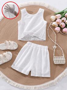 两件套女童针织提花无袖上衣和松紧腰短裤套装，休闲夏季装扮 - 白色 - 查看 3