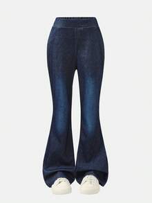 Tween GirlsKnitted Denim Flare Pants, Fashionable & Stylish, Deep Blue, Slim Fit, Casual, Spring/Summer - Blue - View 1