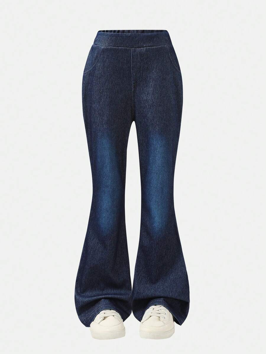 Tween GirlsKnitted Denim Flare Pants, Fashionable & Stylish, Deep Blue, Slim Fit, Casual, Spring/Summer - Blue - View 1