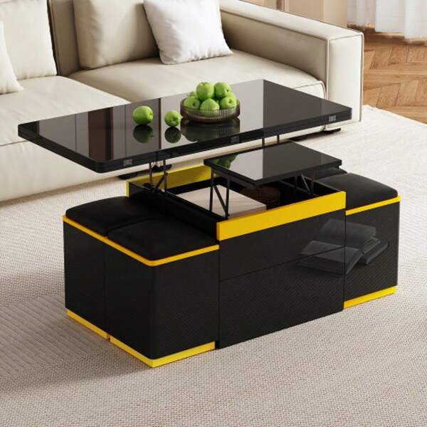 Modern Glossy Black Coffee Table, Elegant Side Table, Multifunctional, Height-Adjustable Coffee Table, Folding Dining/Living Room Furniture, 100 X 50 X 43 Cm (L X W X H)